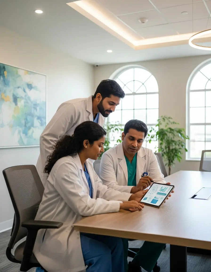 Healthcare professionals collaborating around a clinical display in a modern hospital corridor