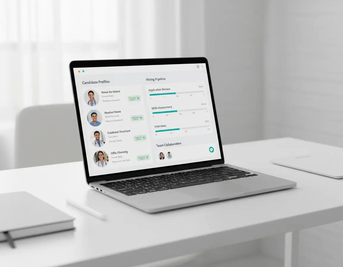 Healthcare professional reviewing clinical staffing data on a tablet in a modern clinical setting